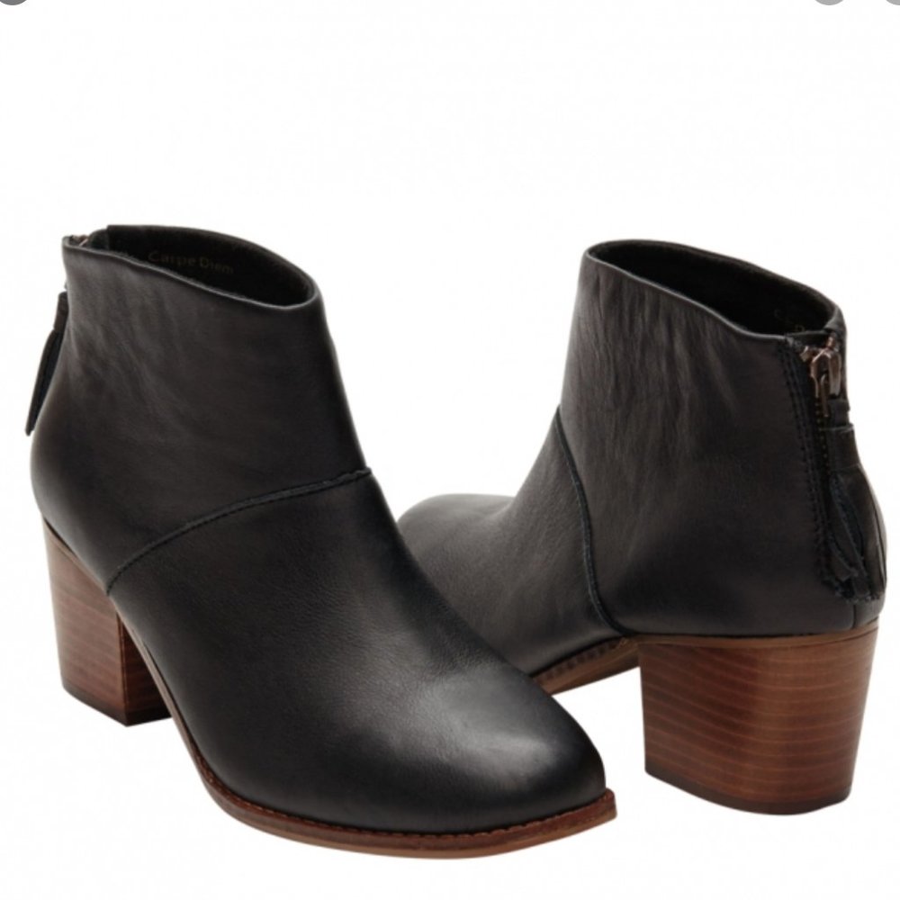 Toms Black Leather Ankle Booties with Brown Wood Heel